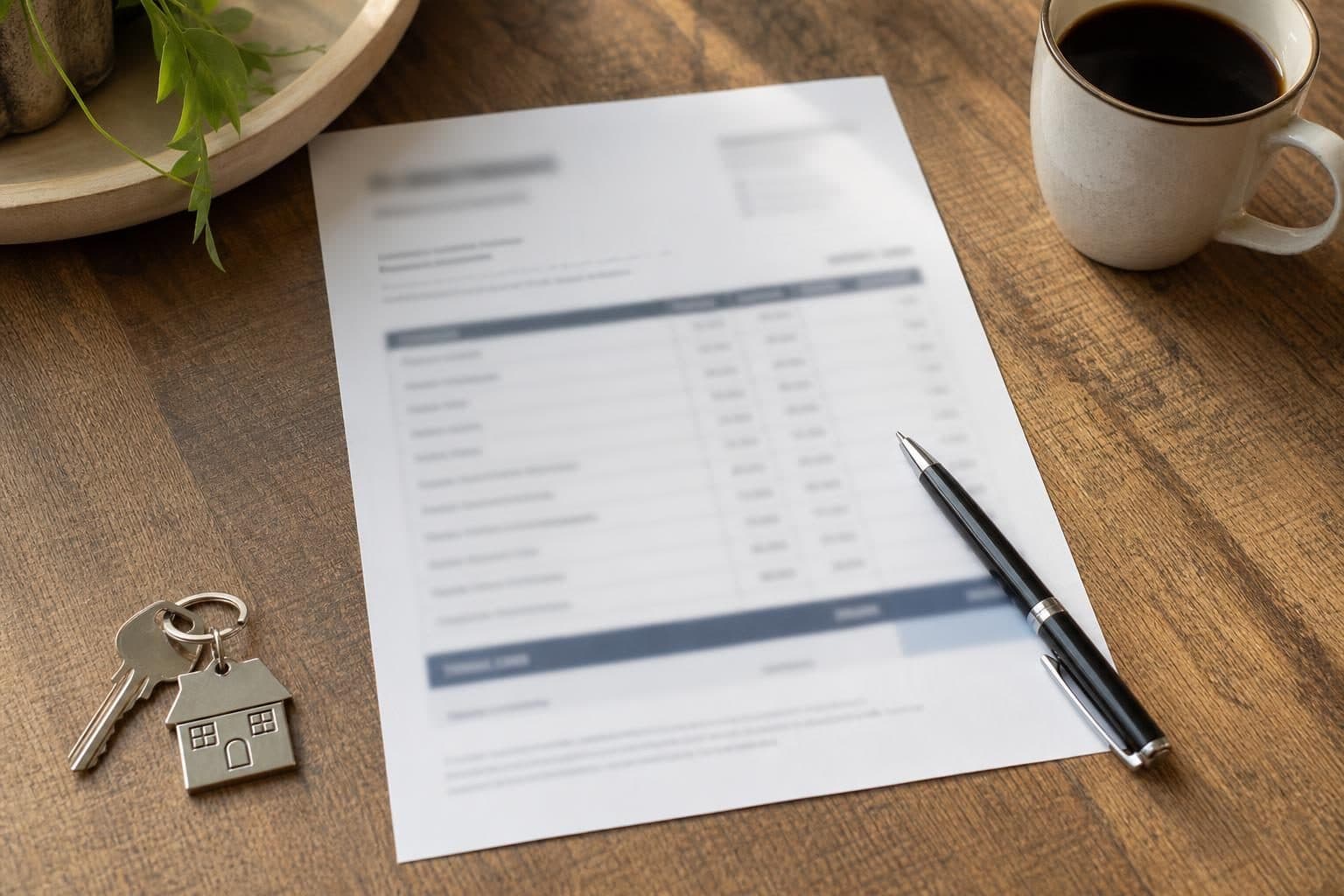 A one-page written offer sheet on a kitchen table with a pen, coffee and house keys