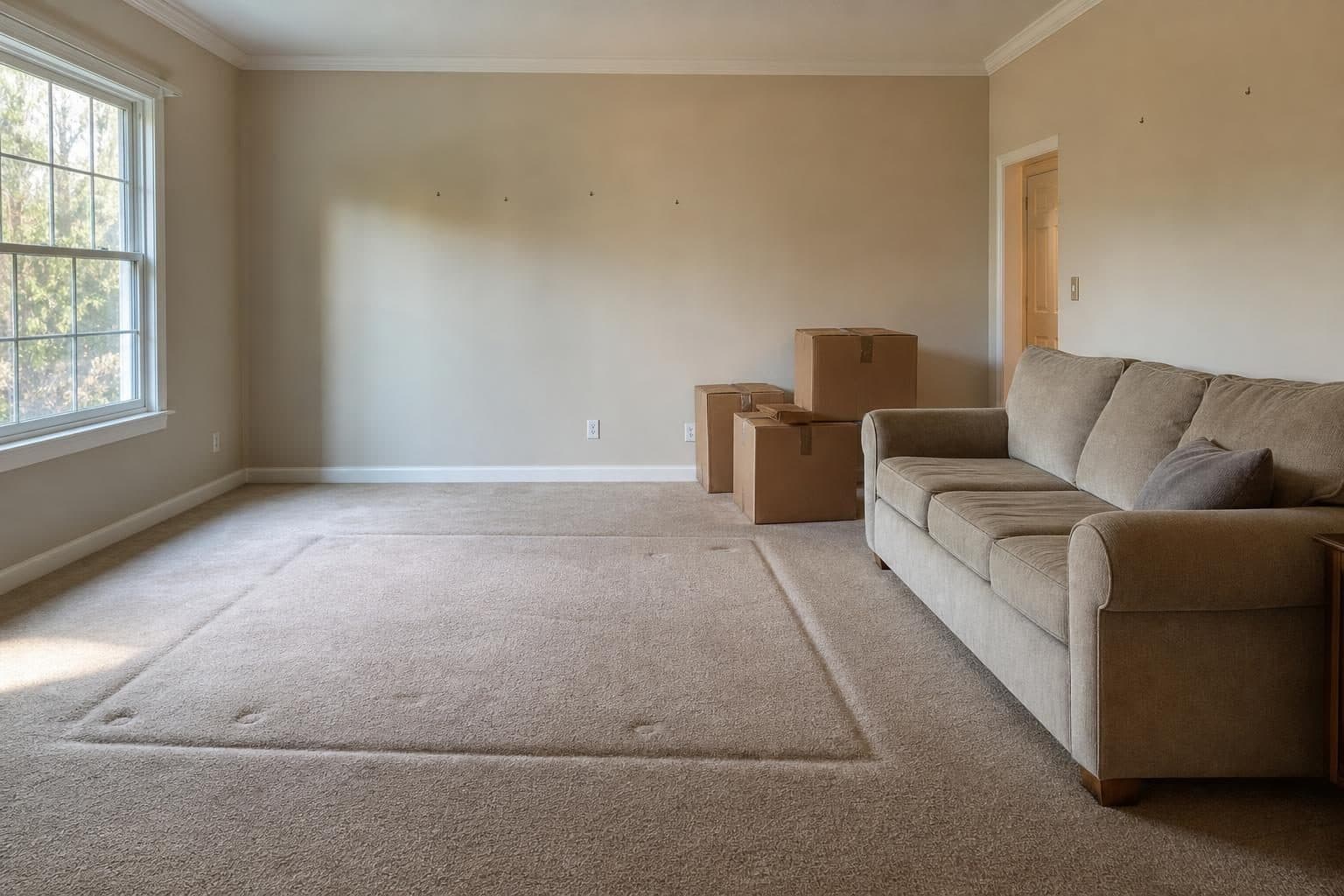 Half-empty living room with one sofa and packed moving boxes