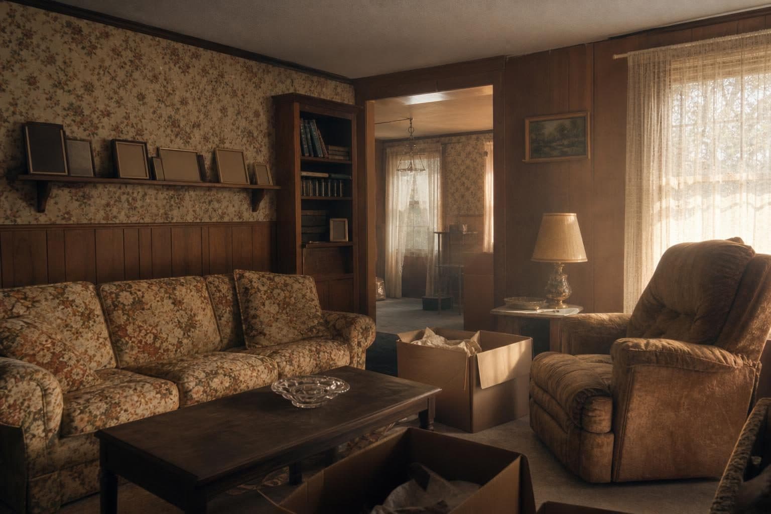 Living room of an inherited 1970s family home with packed boxes