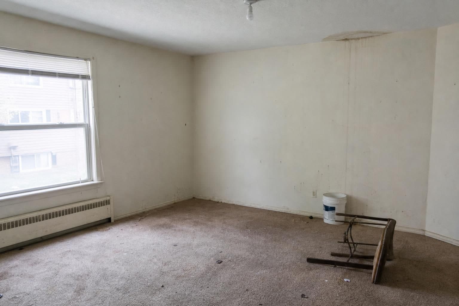 Empty rental unit with scuffed walls and stained carpet after tenants moved out