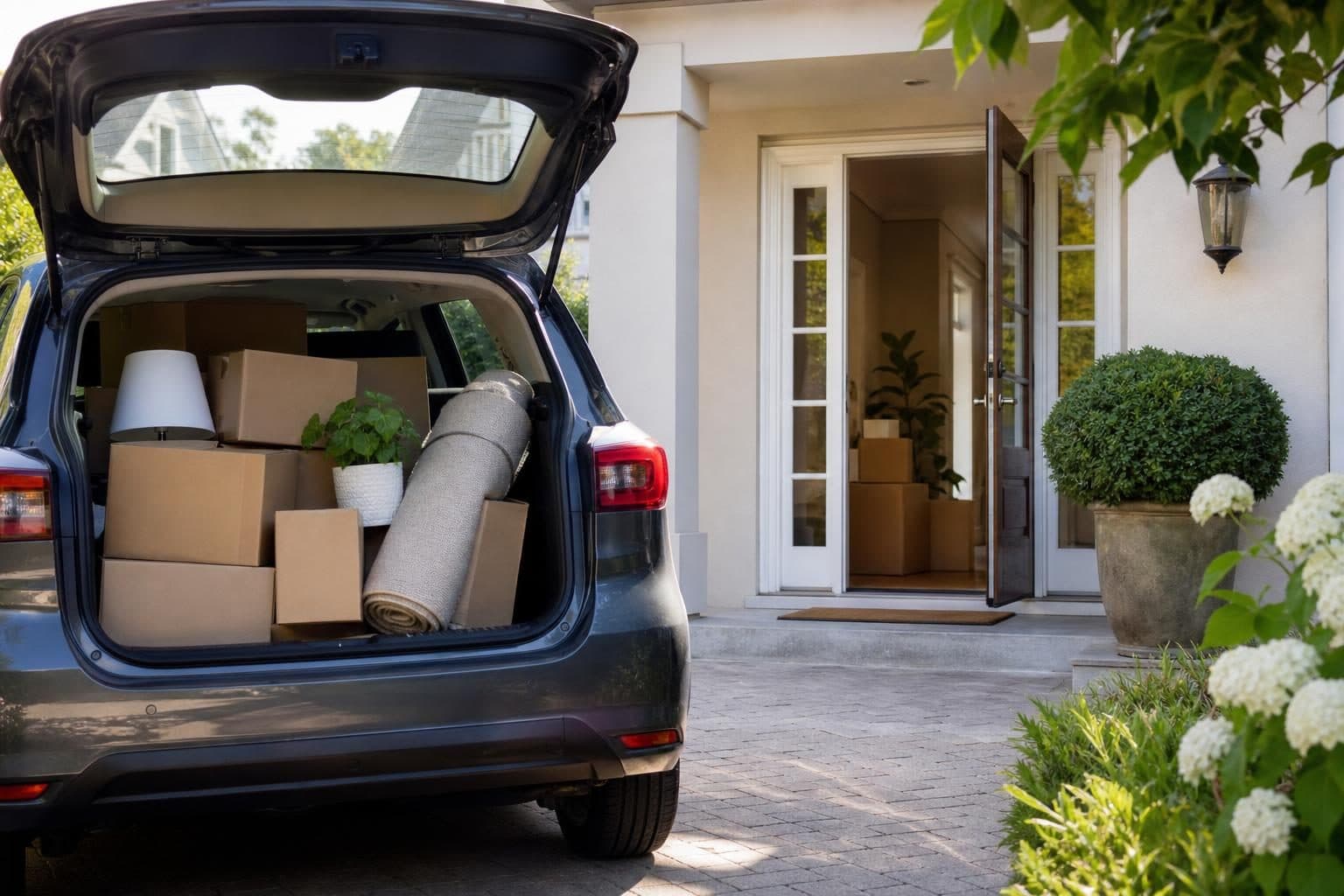 Car loaded with moving boxes in a driveway on moving day