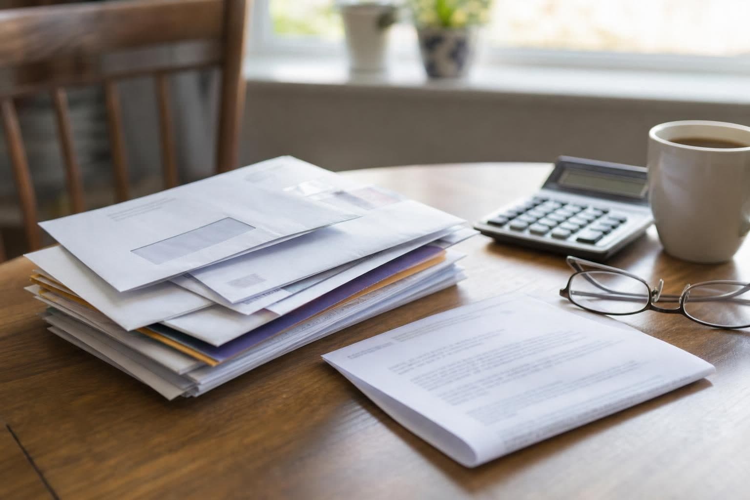 Stack of official envelopes with a calculator and coffee on a kitchen table